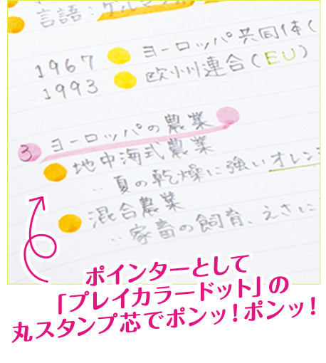 ポインターとして「プレイカラードット」の丸スタンプ芯でポンッ！ポンッ！