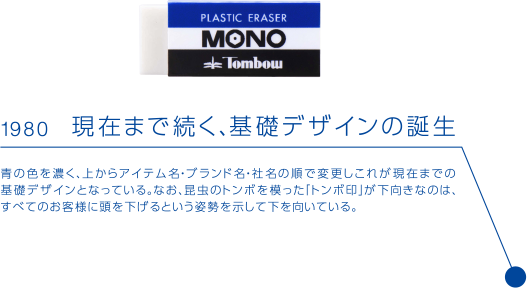 1980 現在まで続く、 基礎デザインの誕生 青の色を濃く、上からアイテム名・ブランド名・社名の順で変更しこれが現在までの基礎デザインとなっている。なお、昆虫のトンボを模った「トンボ印」が下向きなのは、すべてのお客様に頭を下げるという姿勢を示して下を向いている。