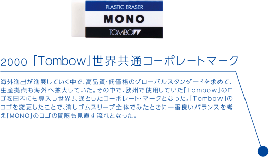 2000  「Tombow」 世界共通コーポレートマーク 海外進出が進展していく中で、高品質・低価格のグローバルスタンダードを求めて、生産拠点も海外へ拡大していた。その中で、欧州で使用していた「Tombow」のロゴを国内にも導入し世界共通としたコーポレート・マークとなった。「Tombow」のロゴを変更したことで、消しゴムスリーブ全体でみたときに一番良いバランスを考え「MONO」のロゴの間隔も見直す流れとなった。